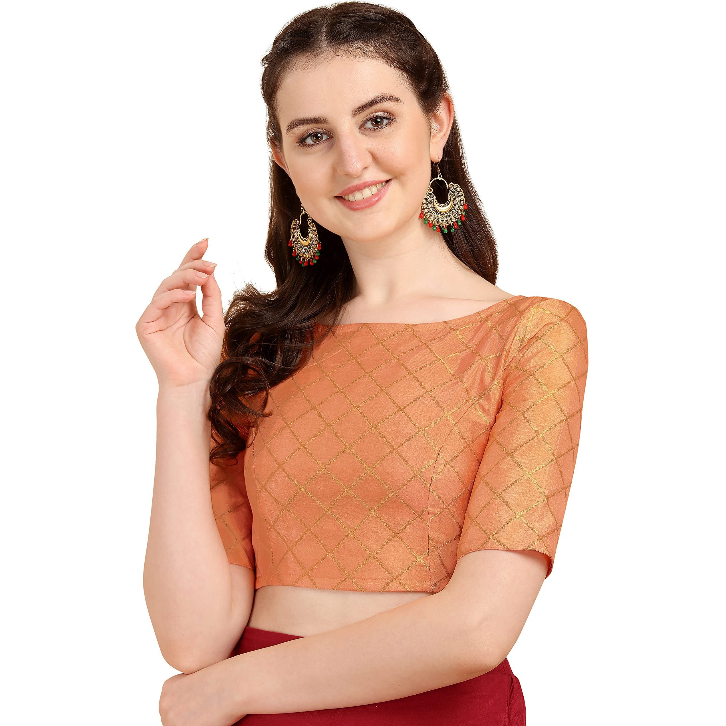 Oomph Women's Art Silk Checkered Half Sleeve Blouse (Rbbl68L_Salmon Red_L)