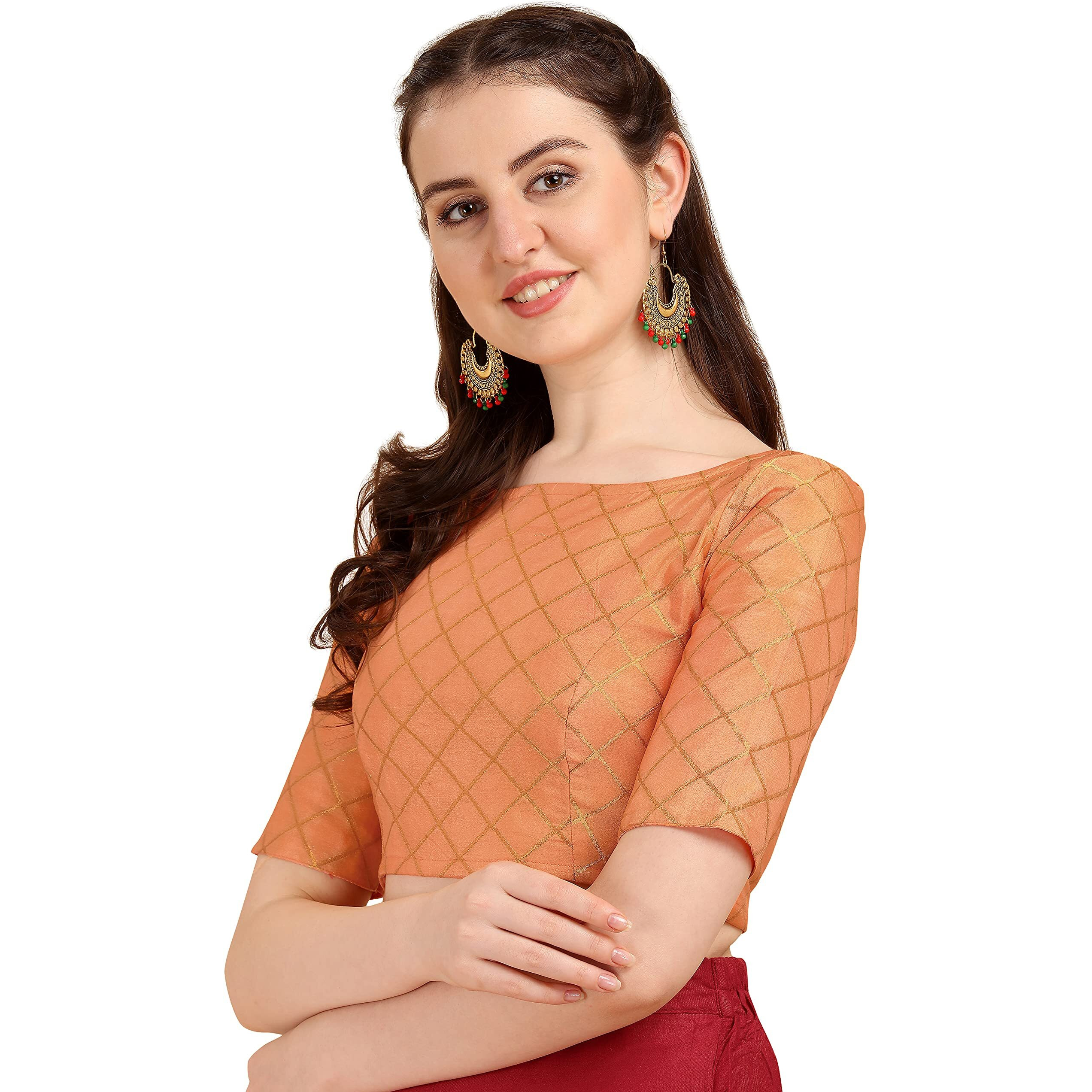 Oomph Women's Art Silk Checkered Half Sleeve Blouse (Rbbl68L_Salmon Red_L)