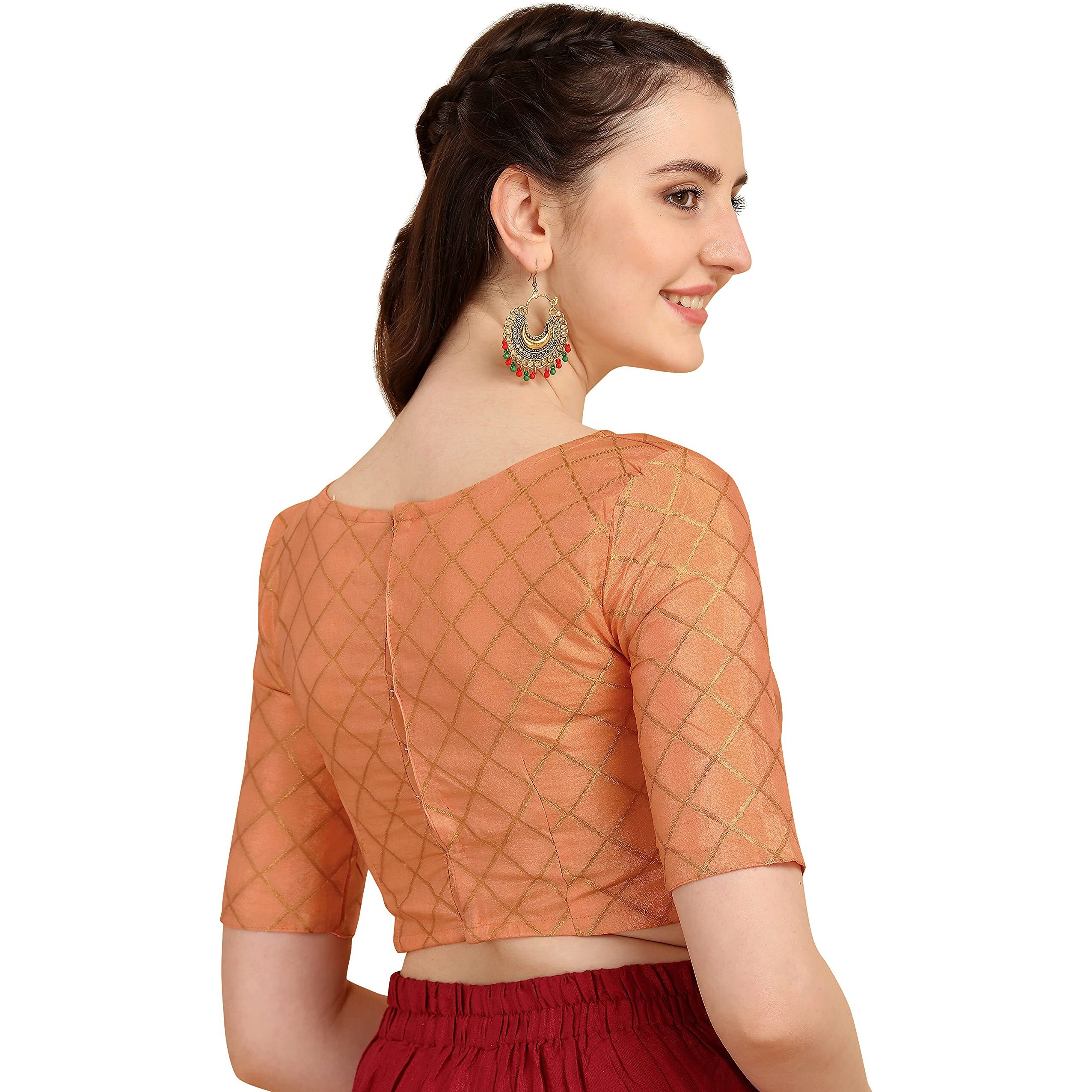 Oomph Women's Art Silk Checkered Half Sleeve Blouse (Rbbl68L_Salmon Red_L)