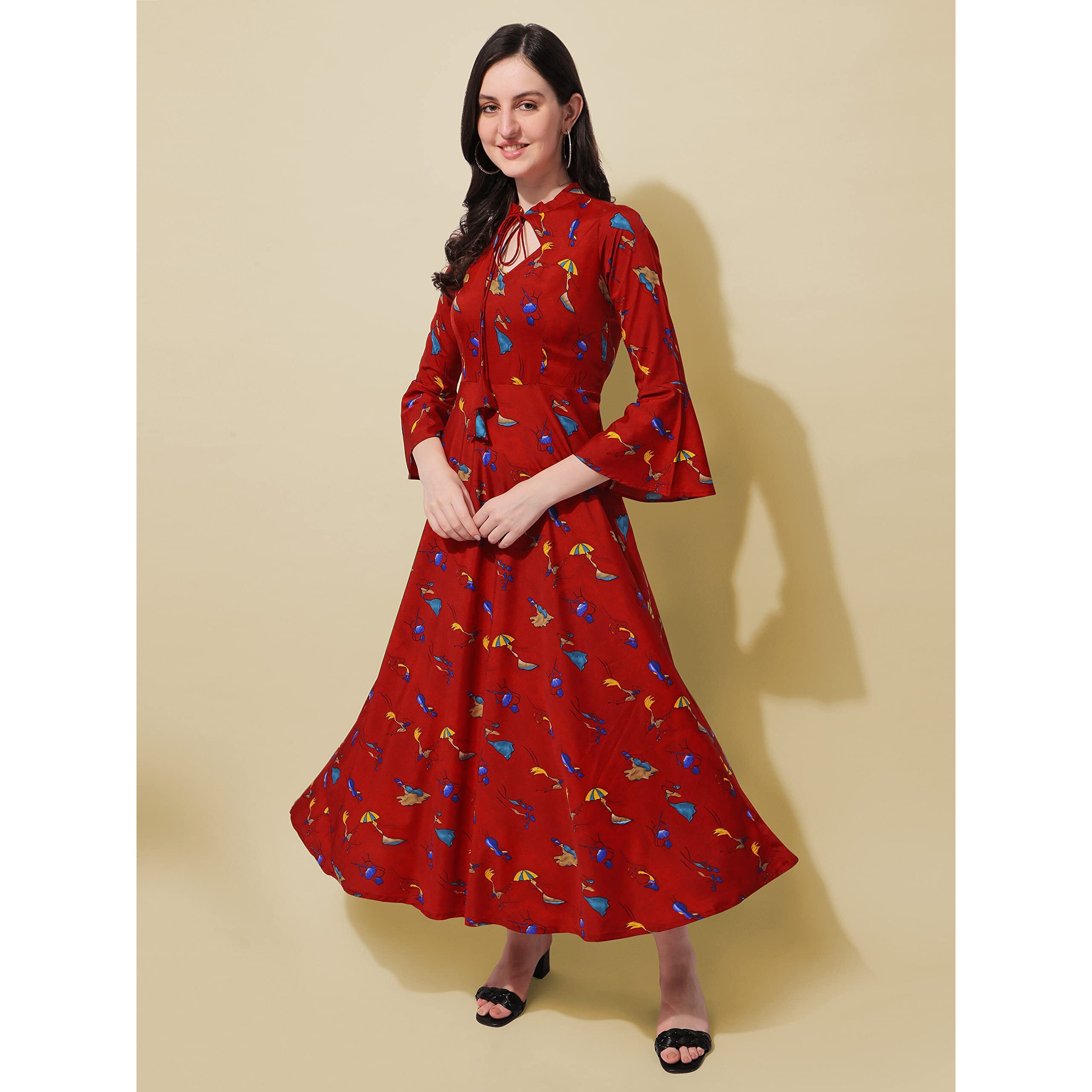 Oomph Women's Western & Fusion Wear Long Dresses For Women, Beach, Red - Md436