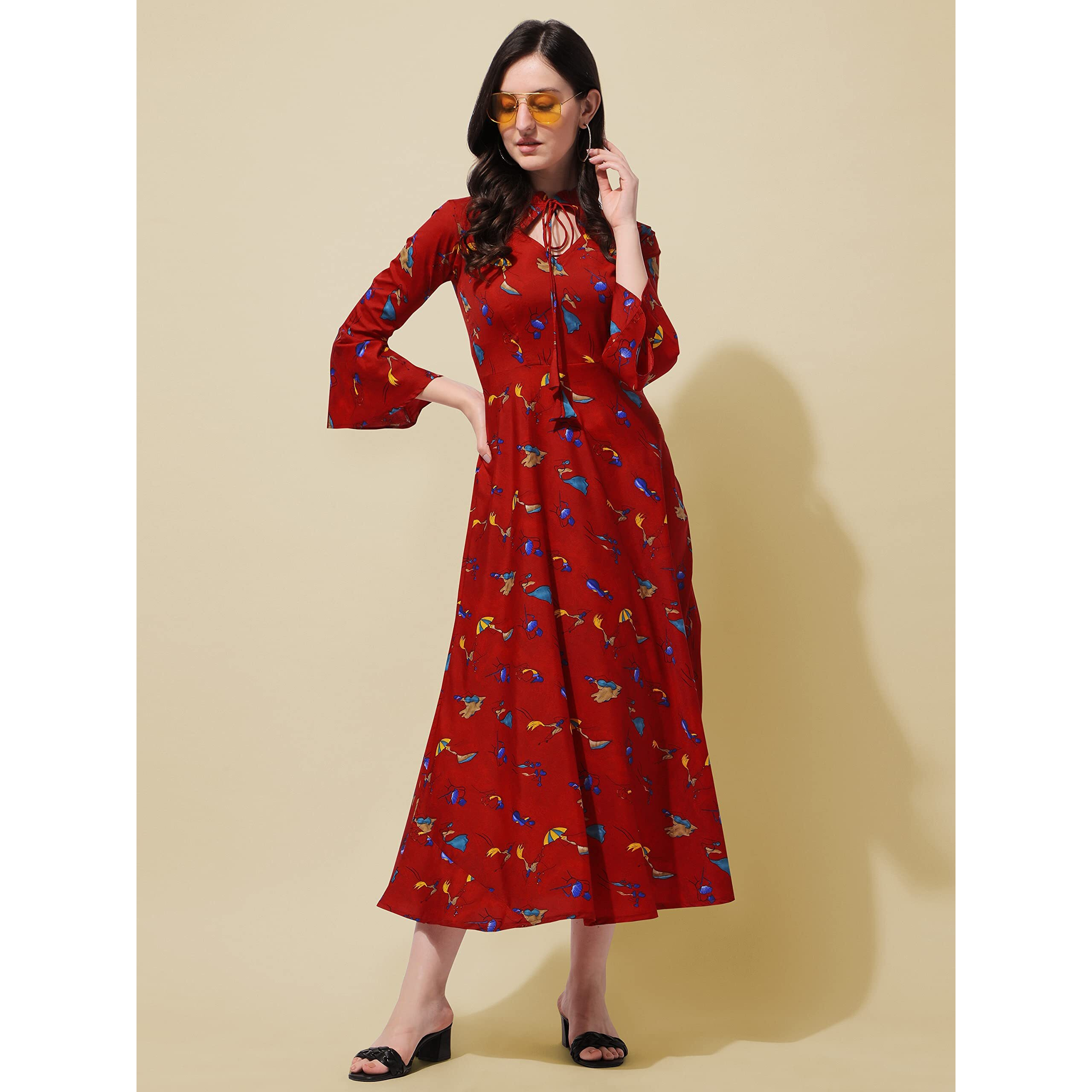 Oomph Women's Western & Fusion Wear Long Dresses For Women, Beach, Red - Md436