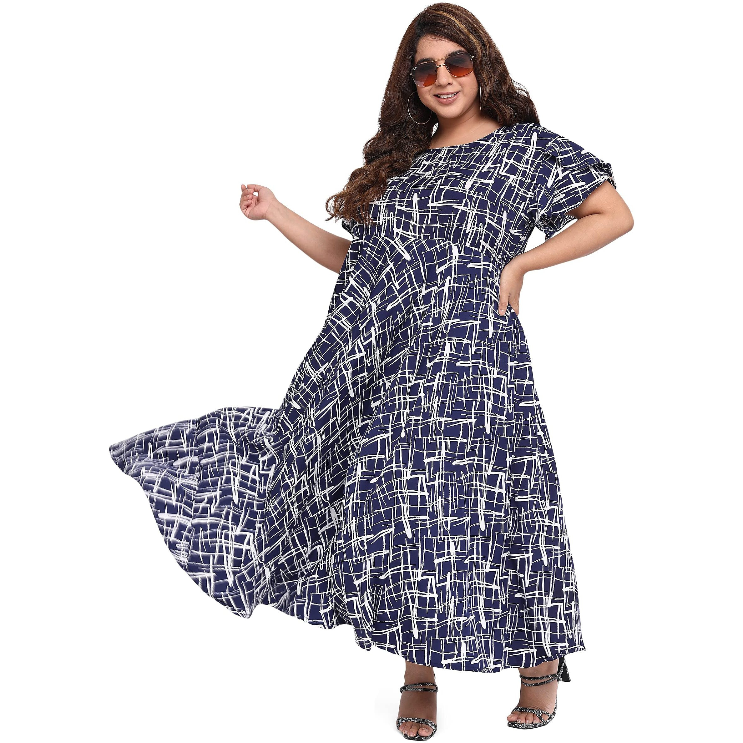 Oomph Women's Western & Fusion Wear Crepe A-Line Maxi Plus Size Dress - Navy Blue - Od239_3Xl