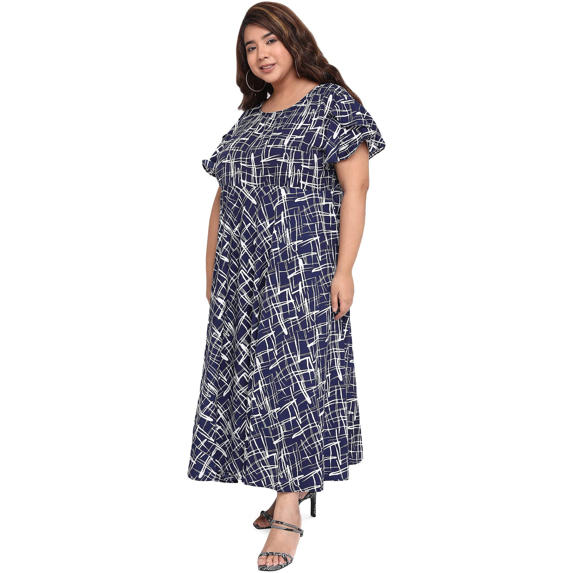 Oomph Women's Western & Fusion Wear Crepe A-Line Maxi Plus Size Dress - Navy Blue - Od239_3Xl