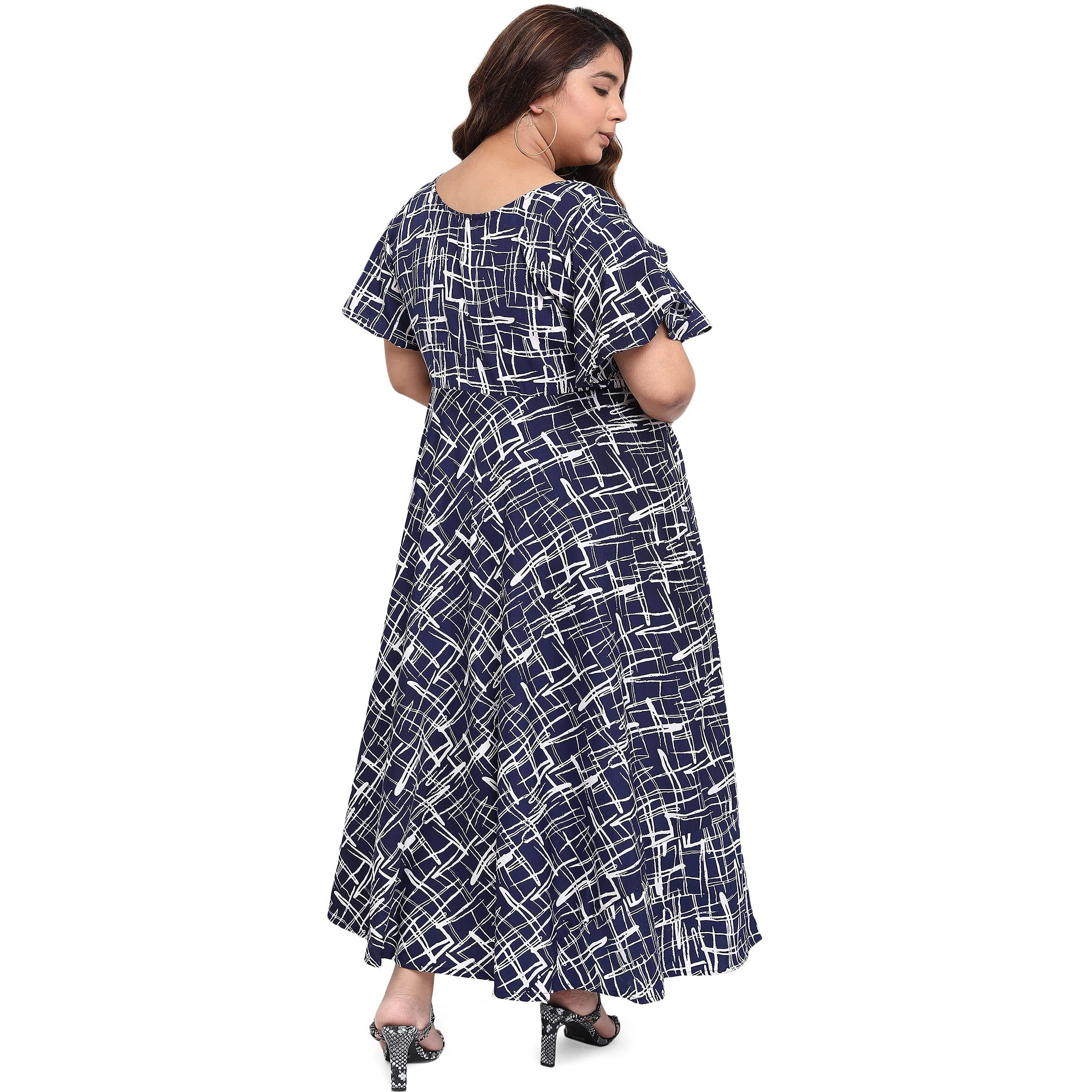 Oomph Women's Western & Fusion Wear Crepe A-Line Maxi Plus Size Dress - Navy Blue - Od239_3Xl