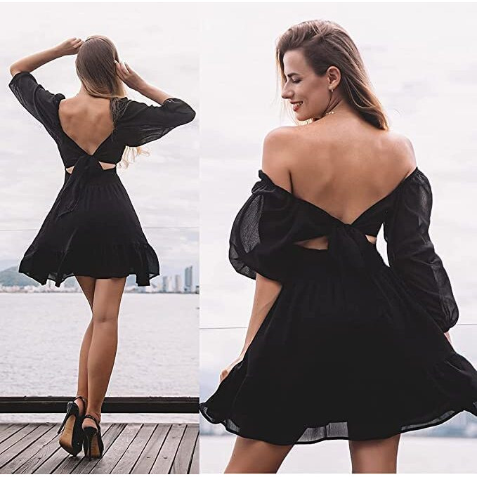 Patlani Western Dresses For Women |Square Collar Or Off Shoulder Wearing Dress | Midi Western Dress For Women.(Off-Black-S)
