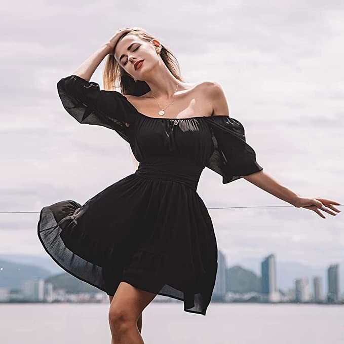 Patlani Western Dresses For Women |Square Collar Or Off Shoulder Wearing Dress | Midi Western Dress For Women.(Off-Black-S)