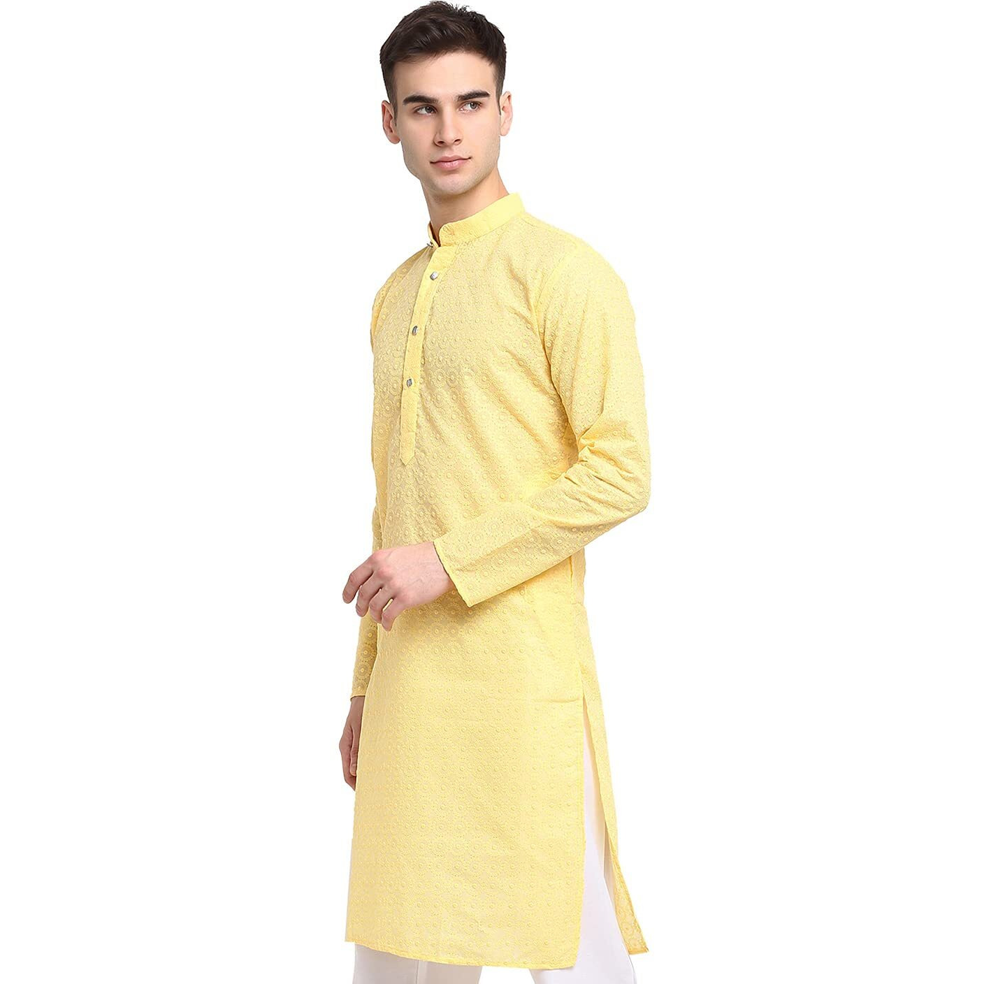 Jompers Men Yellow & White Self Design Kurta (Yellow, L)