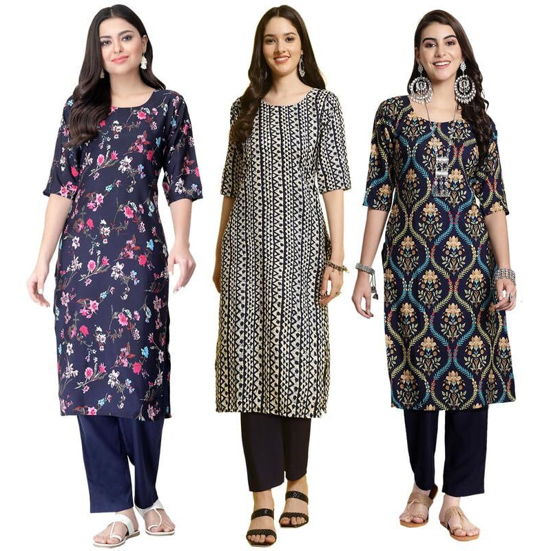 Pinkmint Women's Crepe Printed Kurta Set Ethnic Wear Women Kurta Set Comfortable Kurta Set For Women's(Pack Of 3)