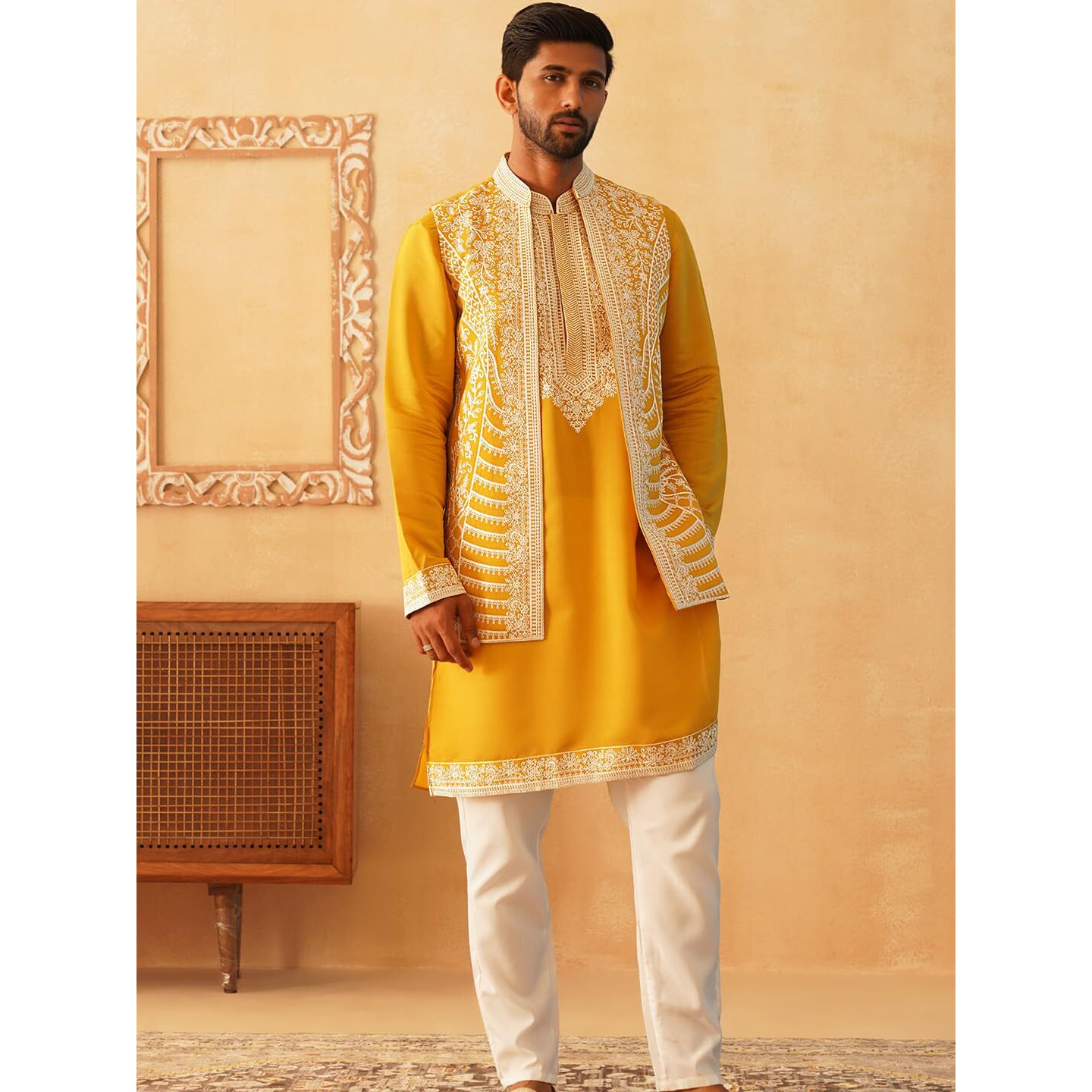 Jompers Men Mustard Embroidered Waistcoat And Kurta Pyjama (Mustard, L)