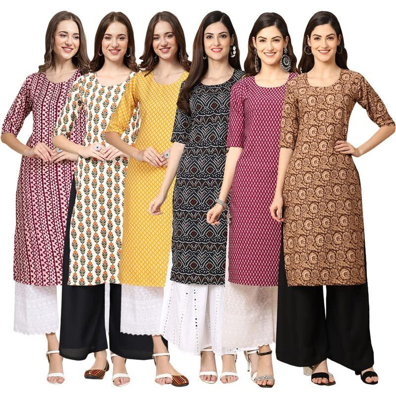 Pinkmint Women's Crepe Digital Print Straight Kurta [Pack Of 6](Mv-347-352-350-373-376-379-Xl)