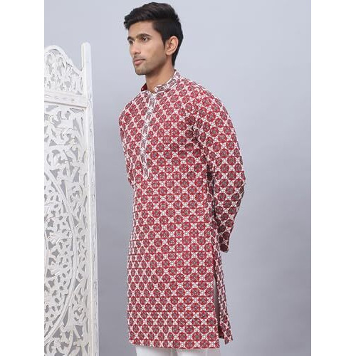 Jompers Maroon Embroidered & Sequins Kurtas For Men. (Maroon, M)