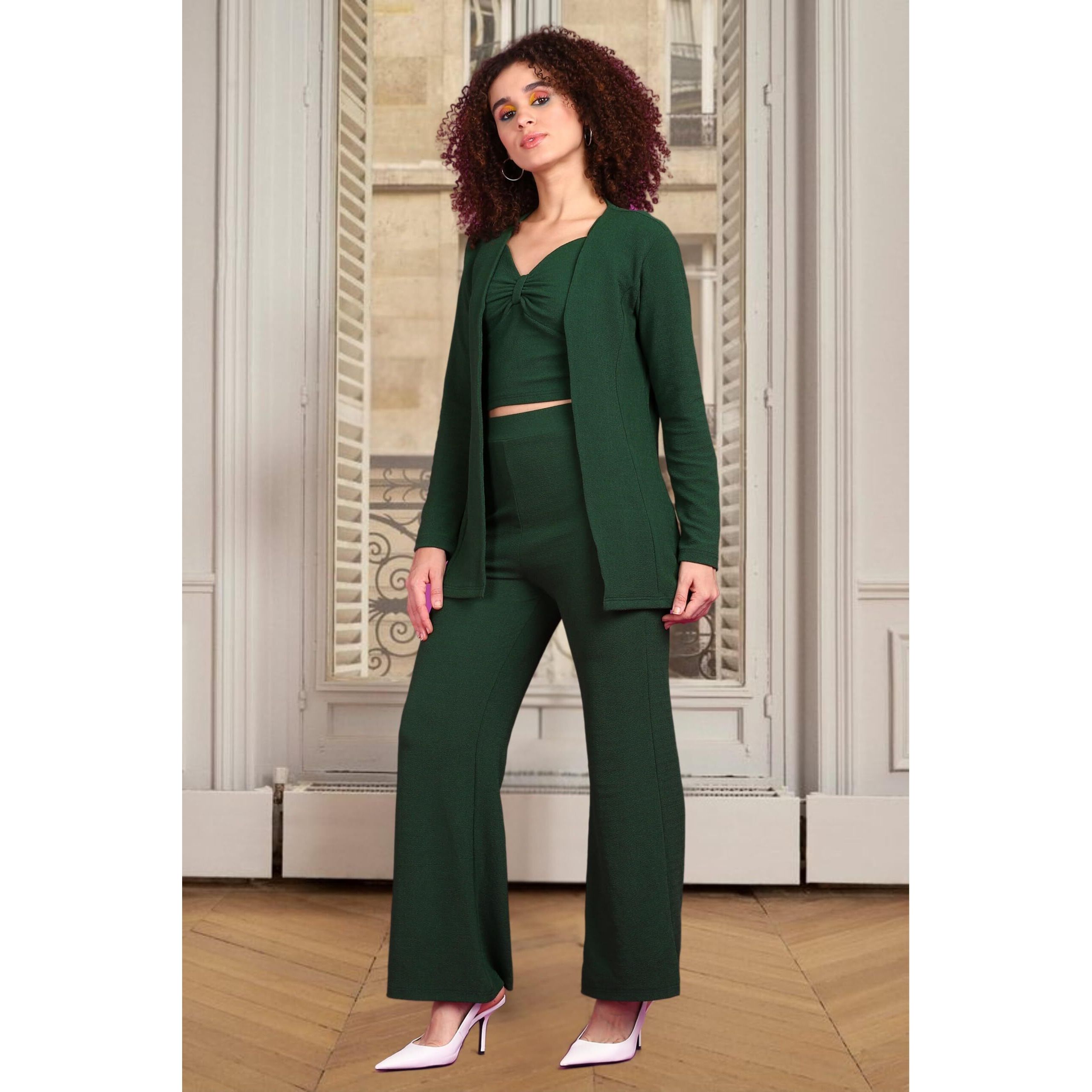 Popwings Casual 3 Pieces Co-Ords Set For Women | Women Shrug Top Trouser Set | Women Shrug Top And Trousers Set Summer Wear| 3 Pieces Co Ords Set For Office Dark Green