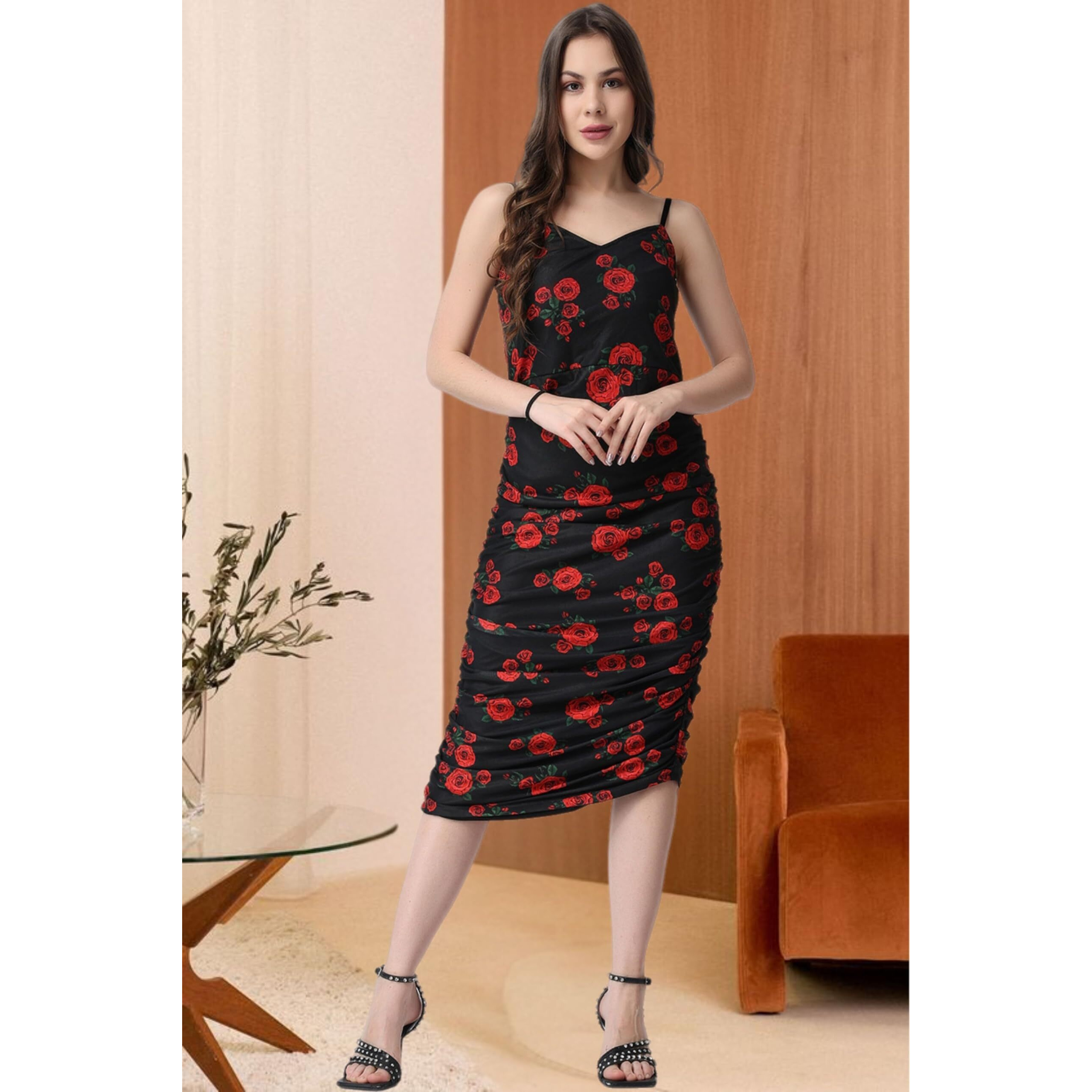 Popwings Polyester Bodycon Midi Women Dress (B0Bn7Rc237_Black