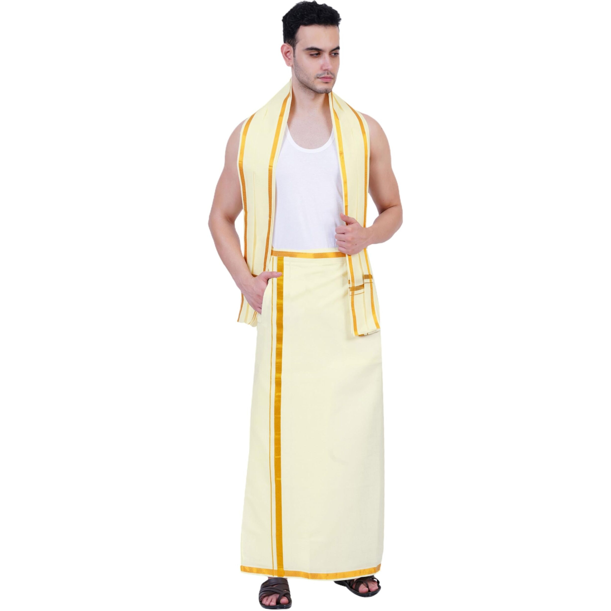 Prakasam Cotton Mens White Colour Zari Cotton Welcro Pocket Jumbo Dhoti With Matching Towel (Cream, 50)