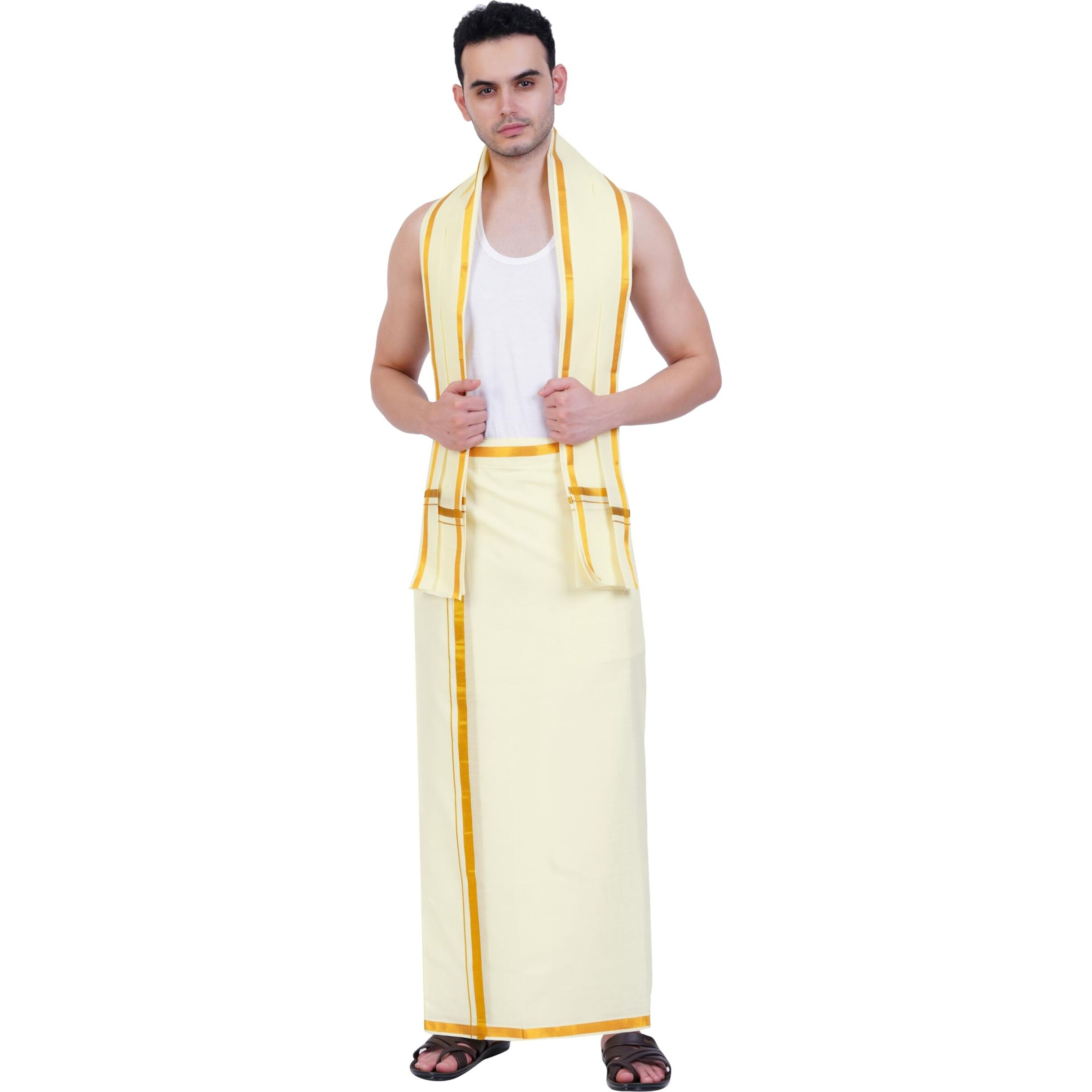 Prakasam Cotton Mens White Colour Zari Cotton Welcro Pocket Jumbo Dhoti With Matching Towel (Cream, 50)
