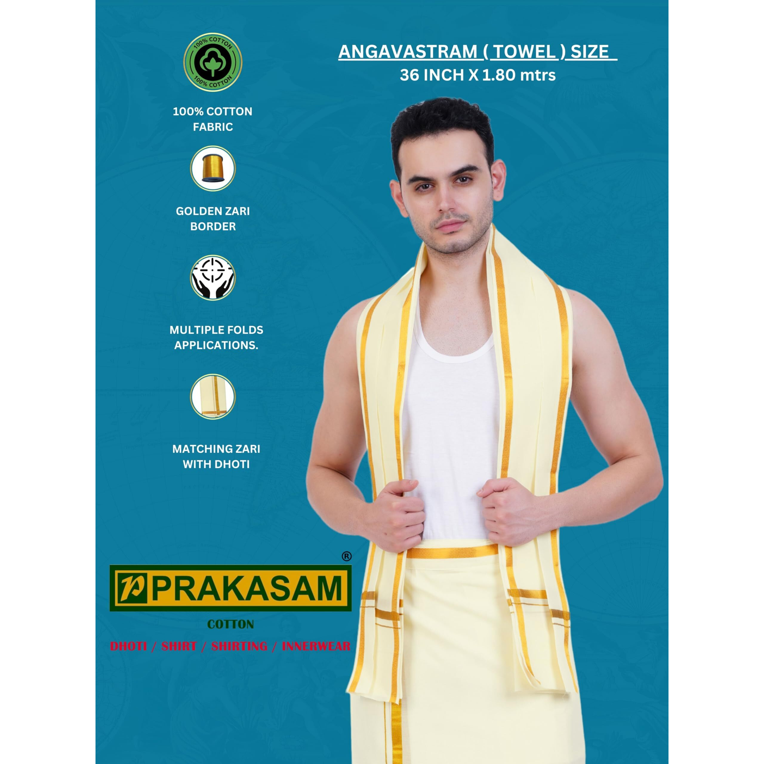 Prakasam Cotton Mens White Colour Zari Cotton Welcro Pocket Jumbo Dhoti With Matching Towel (Cream, 50)
