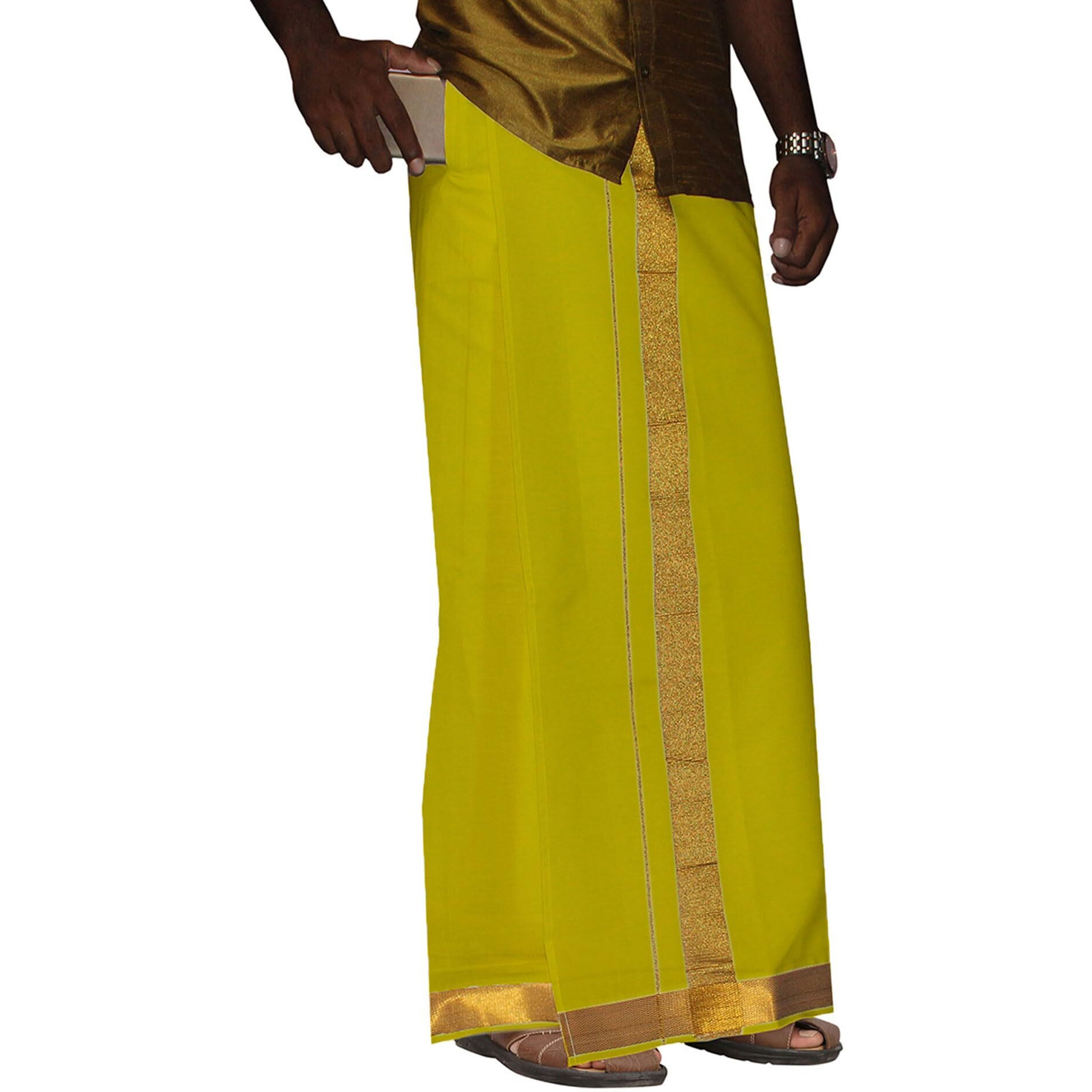 Prakasam Cotton Men's Yellow Colour 2 Inch Gold Jari Border Welcro Pocket Dhoti/Size Hip -34 Inches- Length- 42 Inches