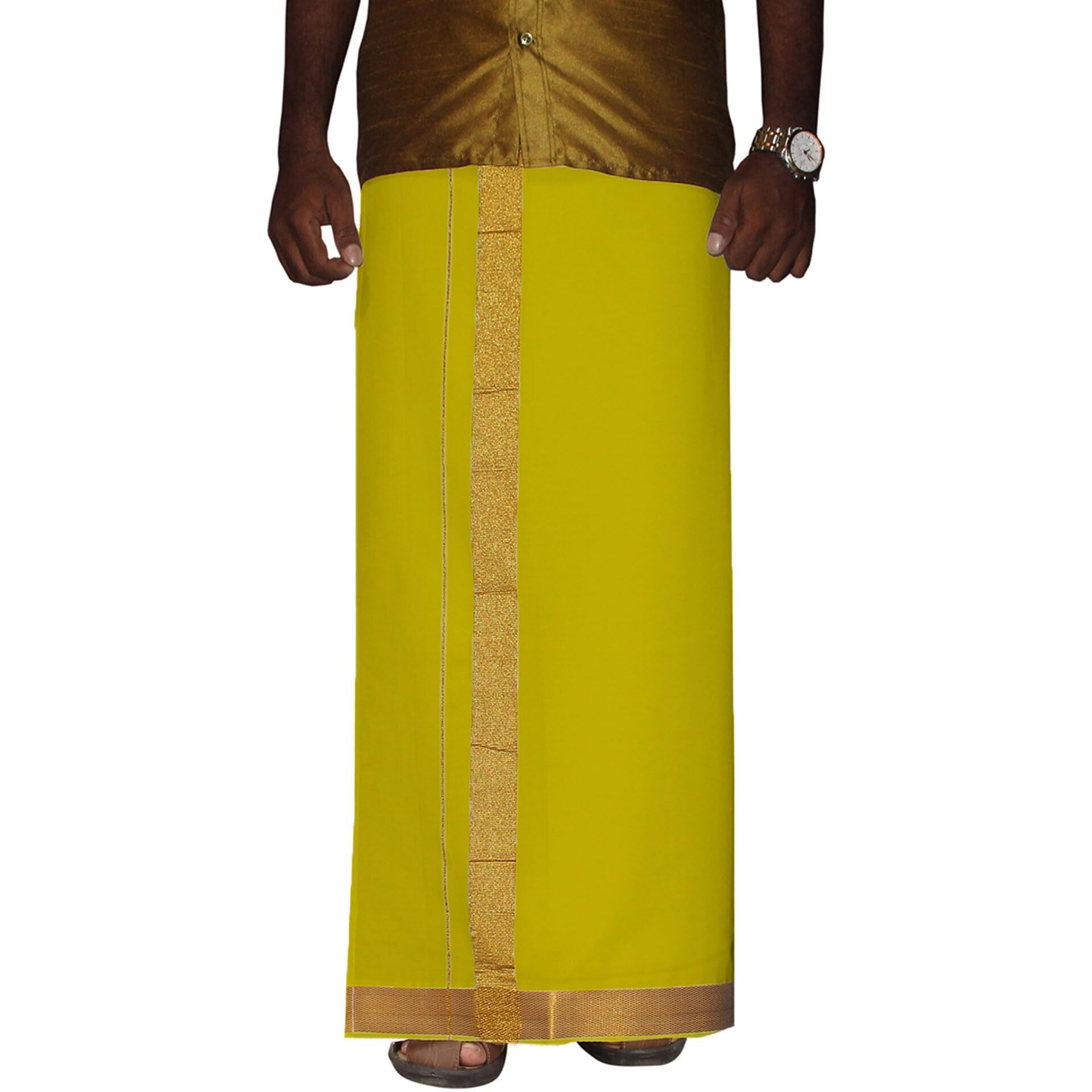 Prakasam Cotton Men's Yellow Colour 2 Inch Gold Jari Border Welcro Pocket Dhoti/Size Hip -34 Inches- Length- 42 Inches