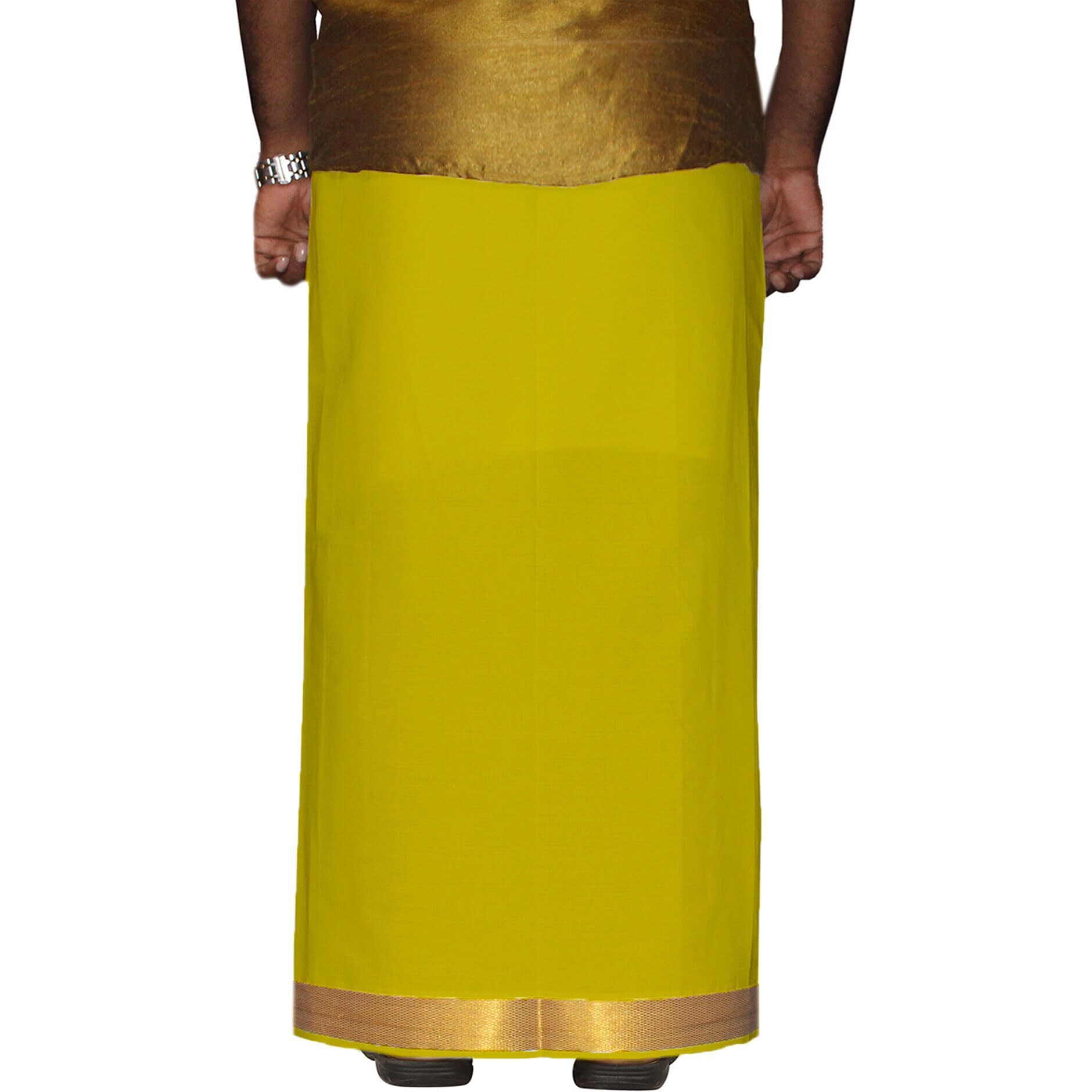 Prakasam Cotton Men's Yellow Colour 2 Inch Gold Jari Border Welcro Pocket Dhoti/Size Hip -34 Inches- Length- 42 Inches