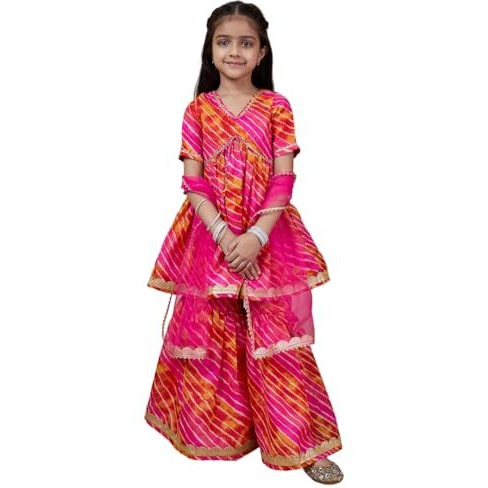 Pspeaches Girl's Cotton Blend 1 Kurti, 1 Sharara, 1 Dupatta (Sha-Magentastripe-2-3Y_Magenta