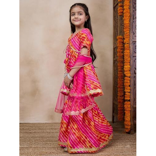 Pspeaches Girl's Cotton Blend 1 Kurti, 1 Sharara, 1 Dupatta (Sha-Magentastripe-2-3Y_Magenta
