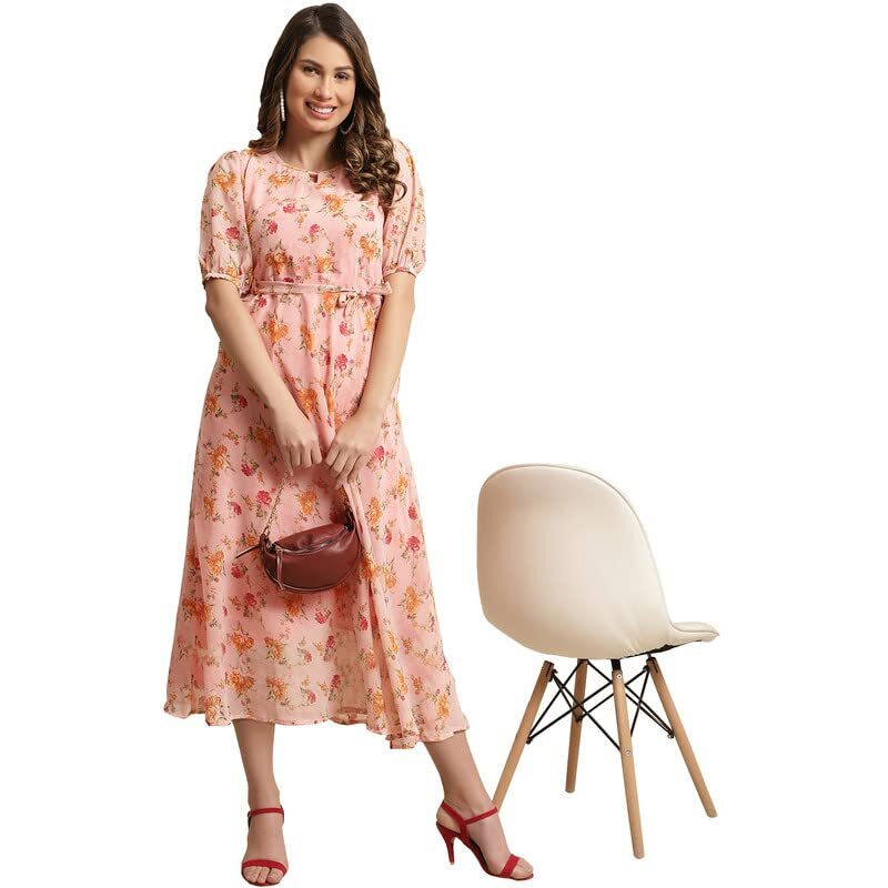 Preneum Women's Georgette A-Line Knee-Long Dress Peach,X-Large