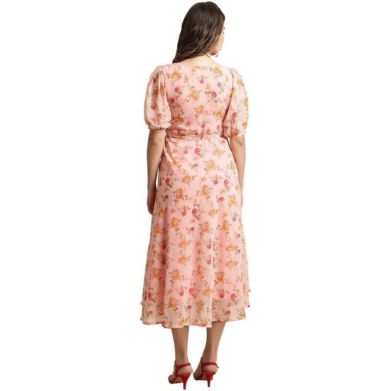 Preneum Women's Georgette A-Line Knee-Long Dress Peach,X-Large