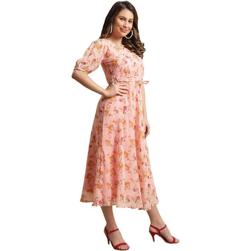Preneum Women's Georgette A-Line Knee-Long Dress Peach,X-Large