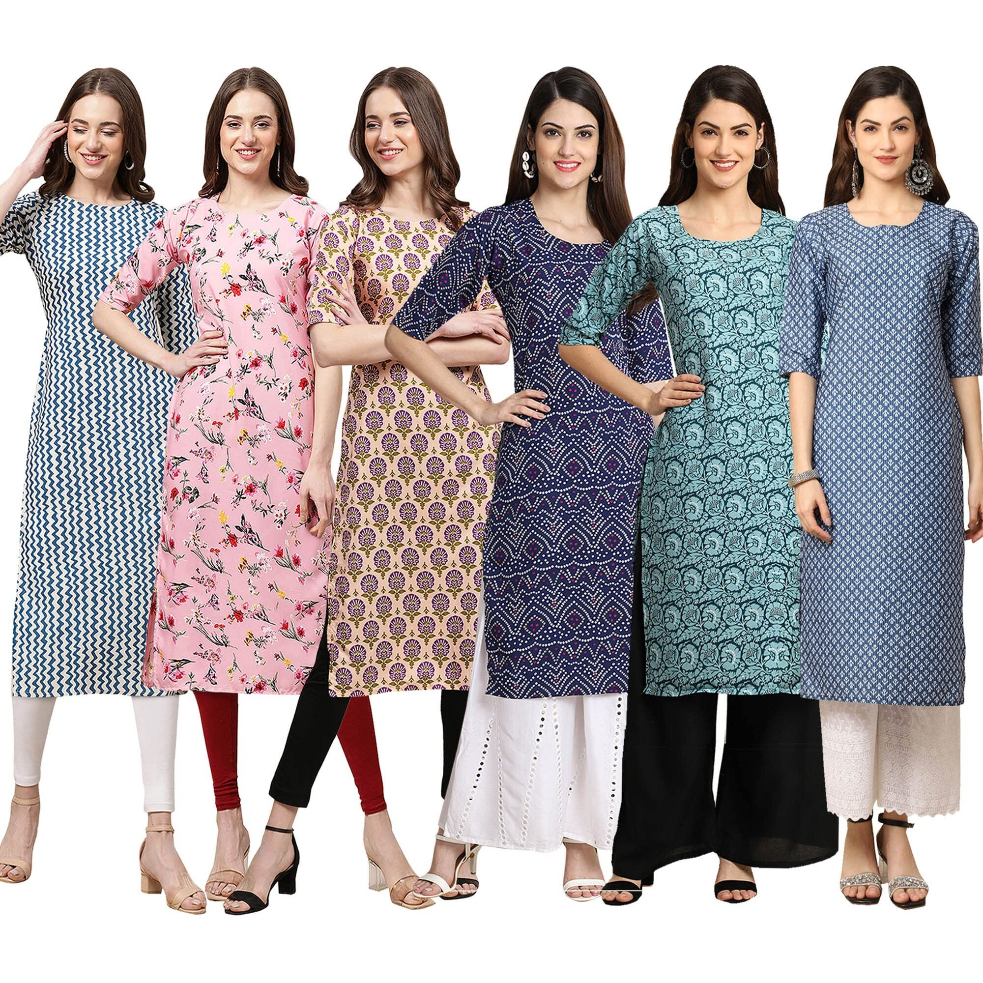 Pinkmint Women's Crepe Digital Print Straight Kurta [Pack Of 6] (Bd-331-339-332-375-378-367-L)