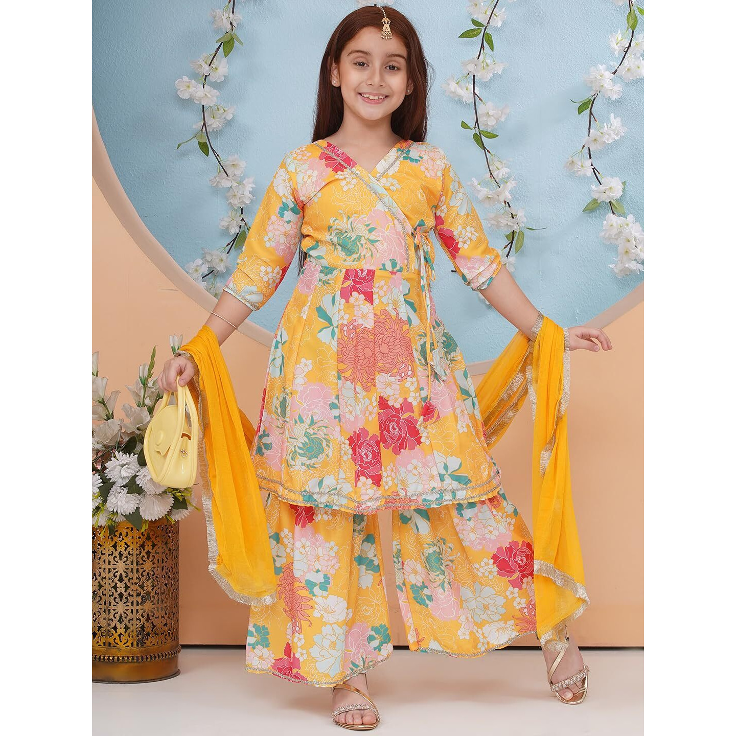 Preneum Girls's Cotton Rayon Printed Angrakha Kurta With Sharara & Dupatta, Yellow, 7-8 Years