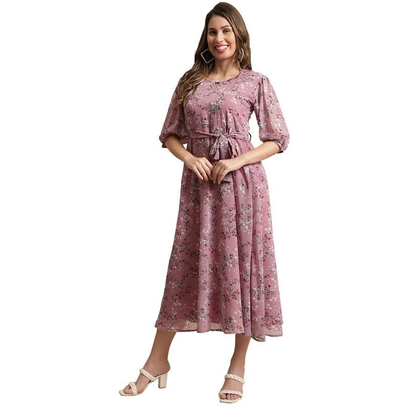 Preneum Women's Maxi Fit & Flare Print Georgette Regular Sleeves Casual |Long Gown For Women |Latest Style |Festival & Occasion Maxi Gown (In, Alpha, M, Plus, Light Pink)