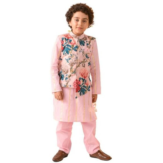 Pspeaches Boys Floral Printed Pure Cotton Kurta With Pyjamas Jacket