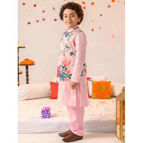 Pspeaches Boys Floral Printed Pure Cotton Kurta With Pyjamas Jacket