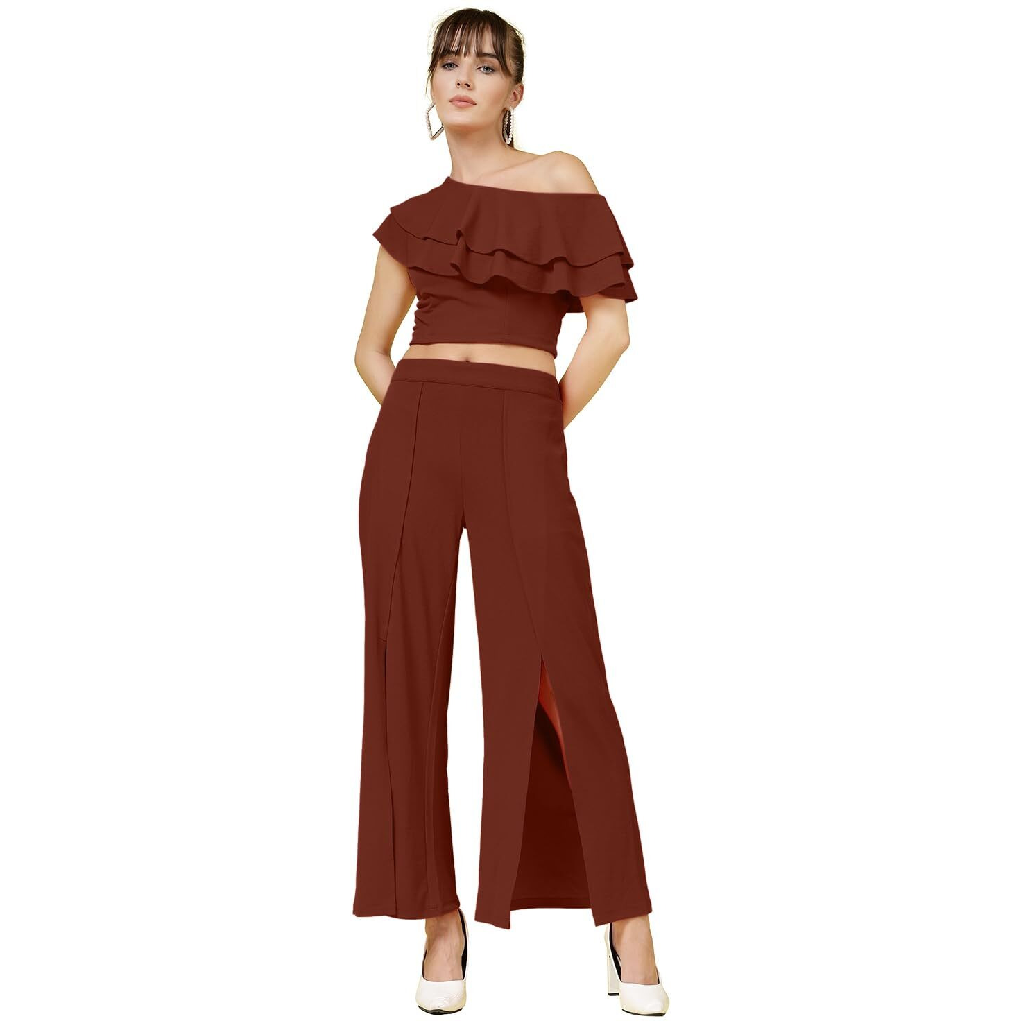Oomph Women's Stretchable Lycra Top And Trouser Pant Set |Two Piece Co-Ord Set | Wester Wear Regular Fit | Stylish Multipurpose Top - Bottom Pair - Brown