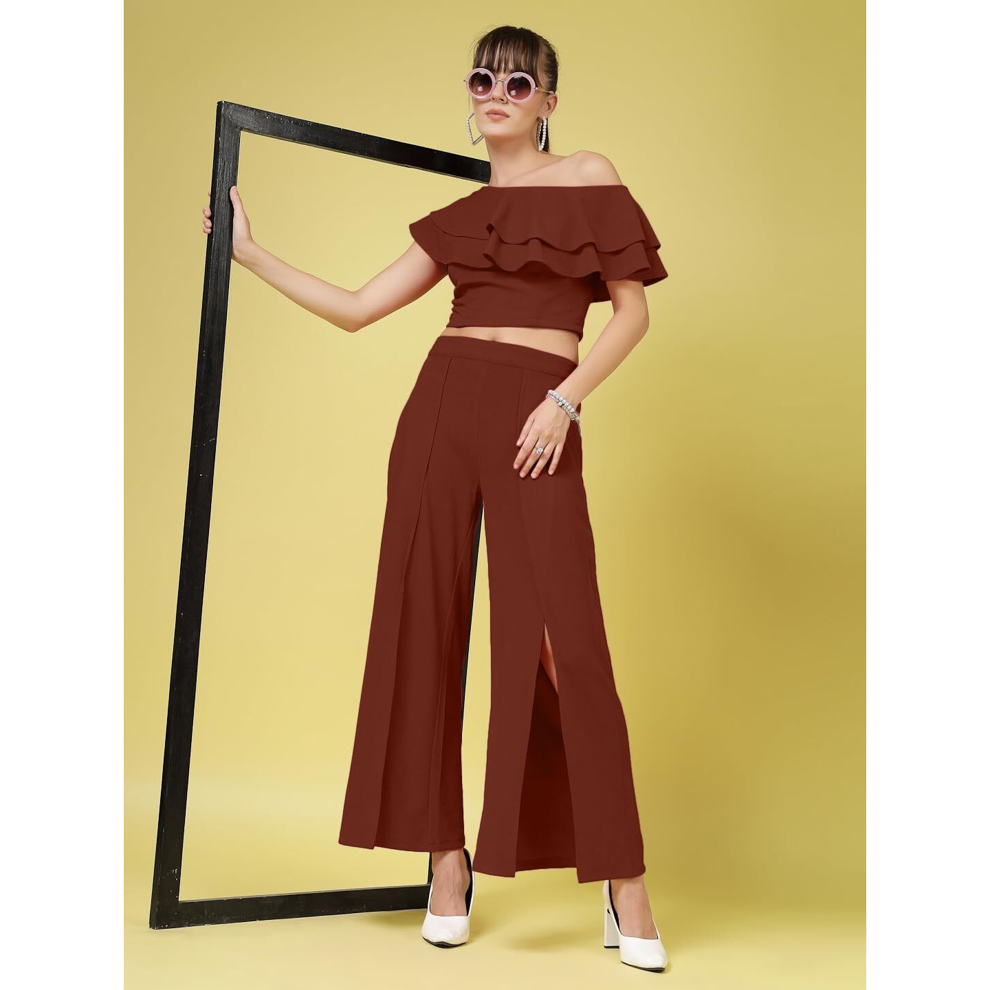 Oomph Women's Stretchable Lycra Top And Trouser Pant Set |Two Piece Co-Ord Set | Wester Wear Regular Fit | Stylish Multipurpose Top - Bottom Pair - Brown