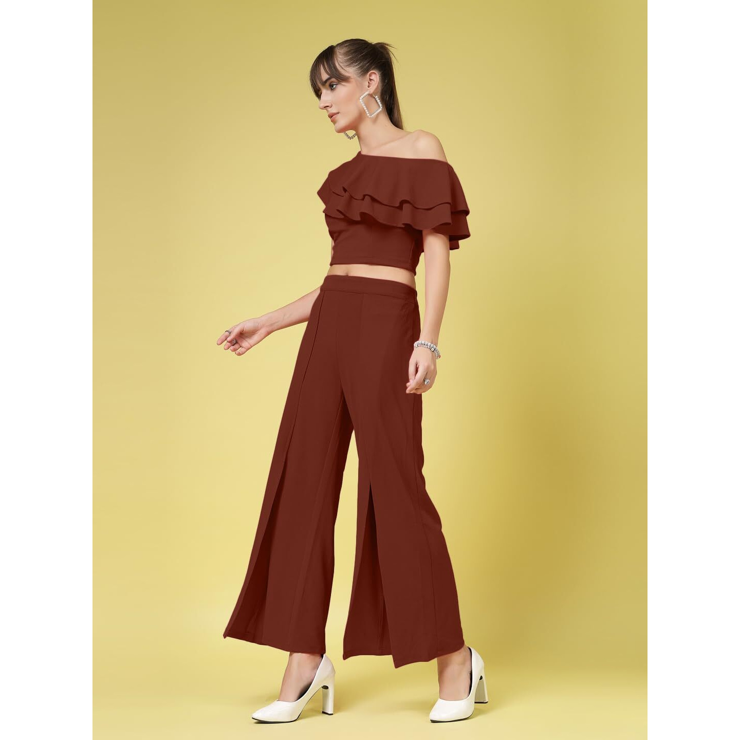 Oomph Women's Stretchable Lycra Top And Trouser Pant Set |Two Piece Co-Ord Set | Wester Wear Regular Fit | Stylish Multipurpose Top - Bottom Pair - Brown