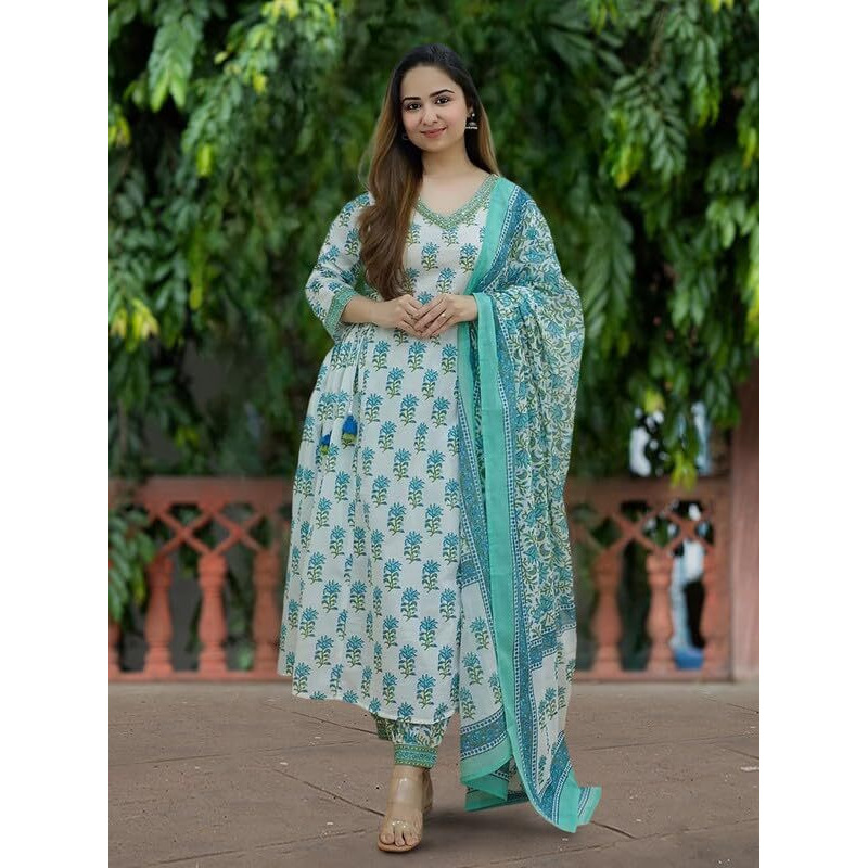 Pinkmint Women's Hevy Cotton Blend Sky Kurta Set L Stitched Printed Dupatta Set L Stylish Women Festival Dress (Pack Of 1)