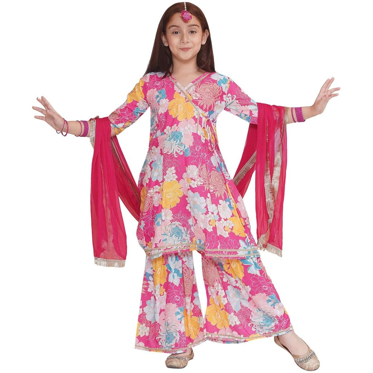 Preneum Girls's Cotton Rayon Printed Angrakha Kurta With Sharara & Dupatta, Pink, 9-10 Years