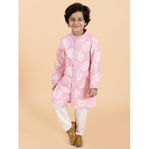 Pspeaches Boys Pink Floral Embroidered Pure Cotton Kurta With Churidar