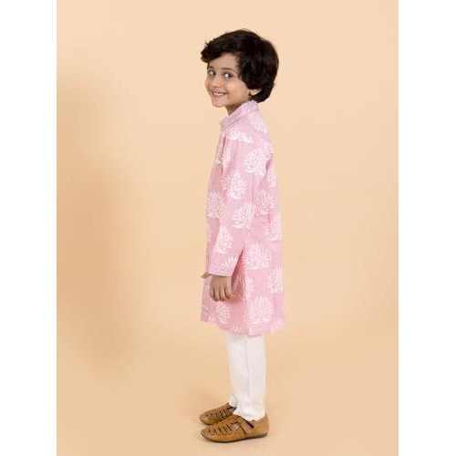 Pspeaches Boys Pink Floral Embroidered Pure Cotton Kurta With Churidar