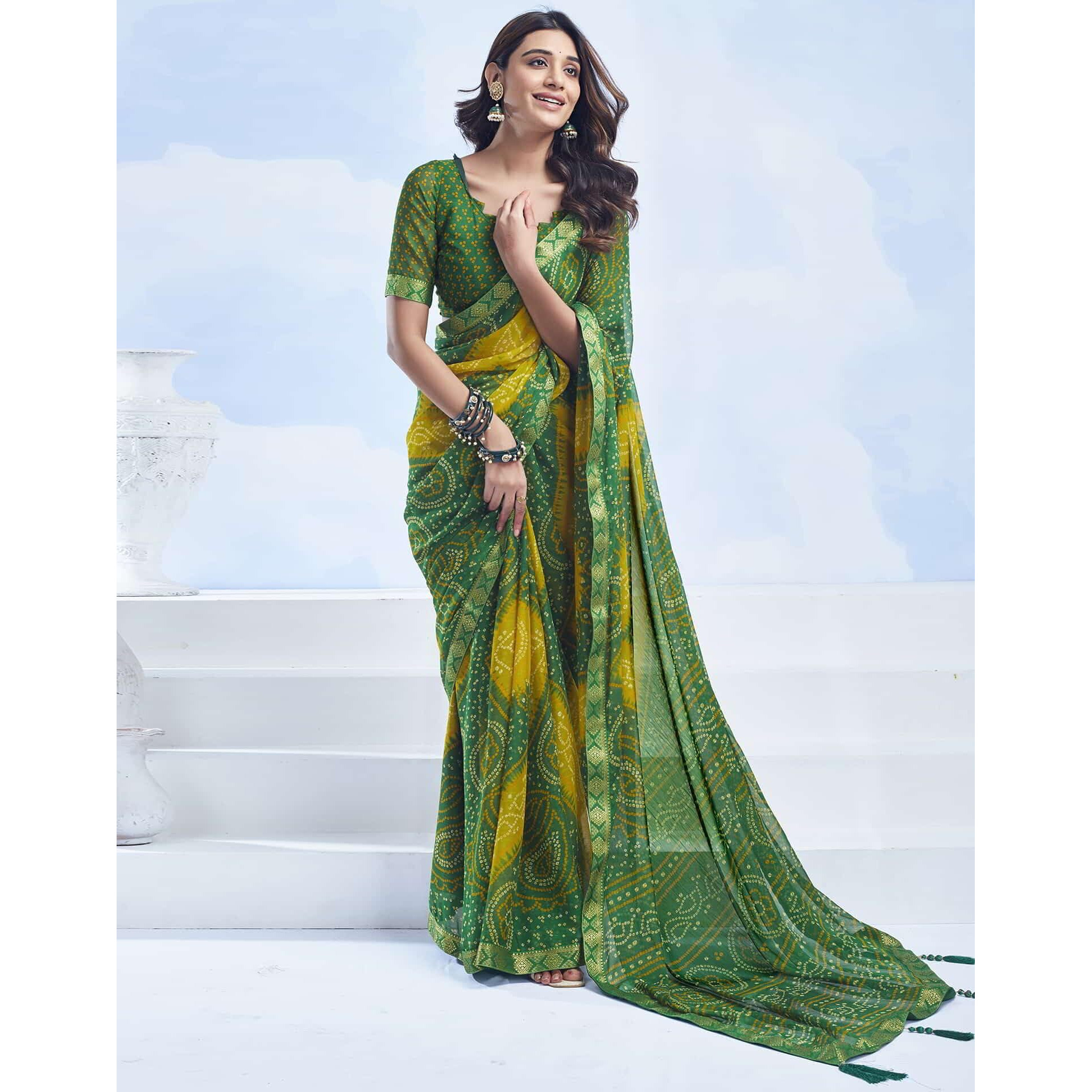Shiv Textiles Women's Chiffon Bandhani Printed & Lace Border Saree(Sat-545S-106)
