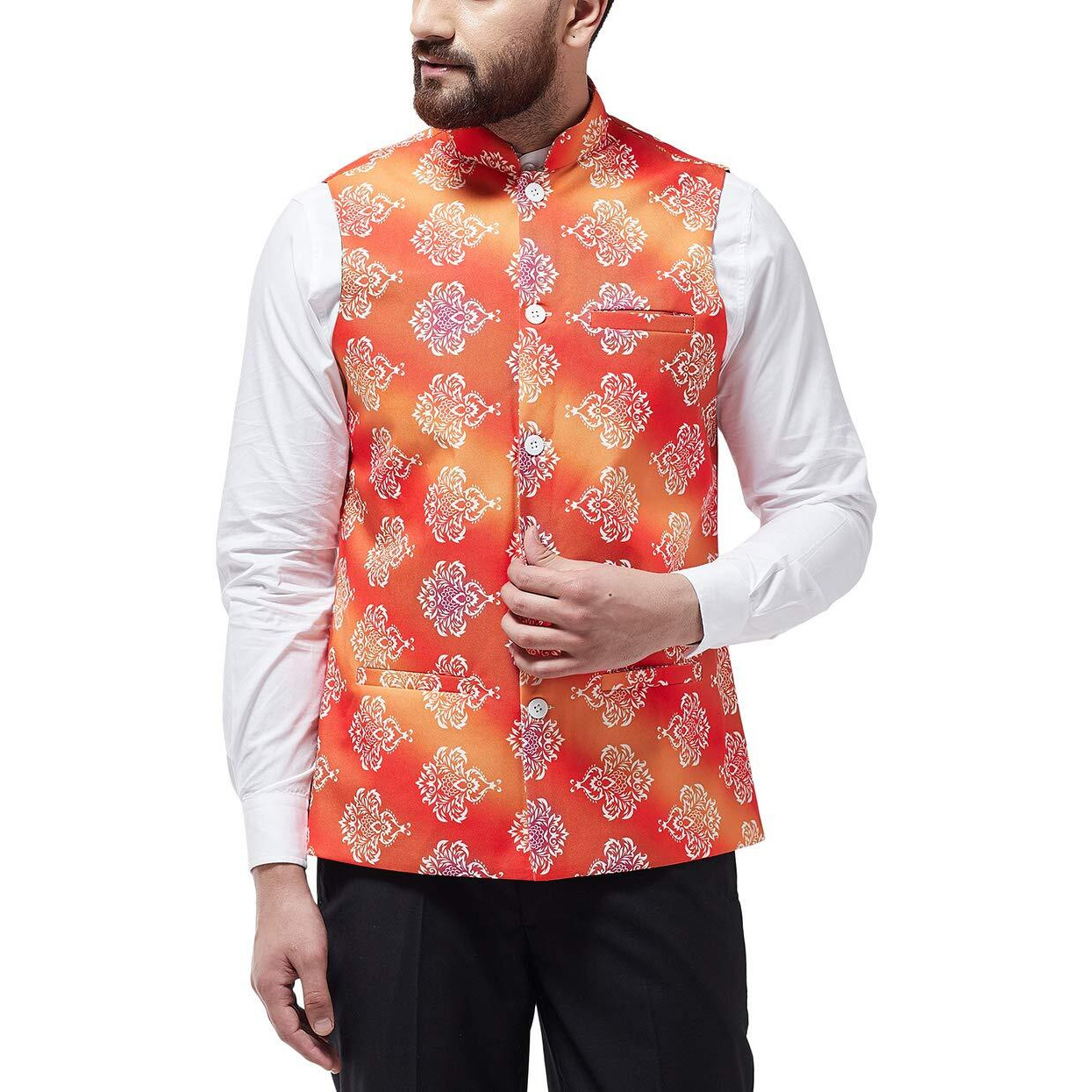 Sojanya (Since 1958 Men's Cotton Blend Orange & Off White Printed Nehru Jacket, Size 40