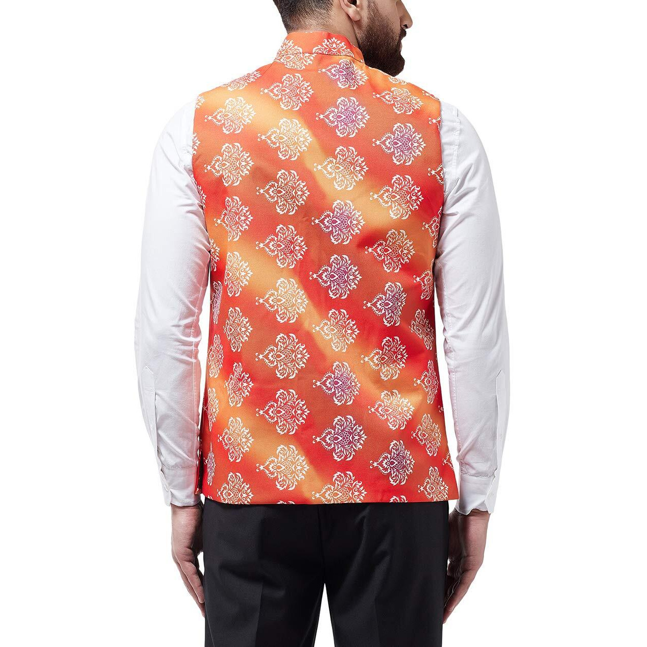 Sojanya (Since 1958 Men's Cotton Blend Orange & Off White Printed Nehru Jacket, Size 40