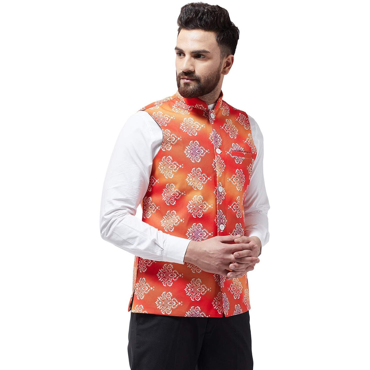 Sojanya (Since 1958 Men's Cotton Blend Orange & Off White Printed Nehru Jacket, Size 40