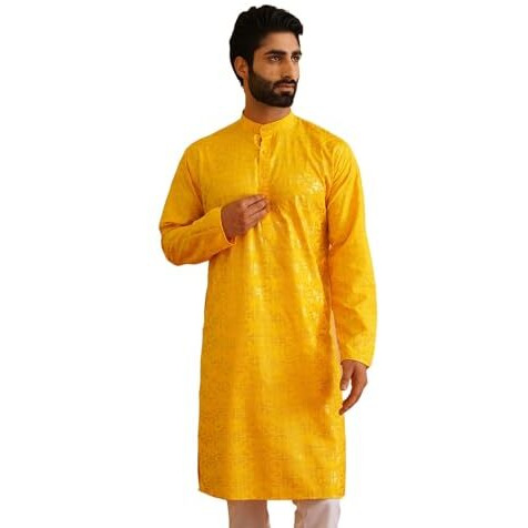 Sojanya (Since 1958 Men's Cotton Gold Foil Printed Mustard Long Kurta