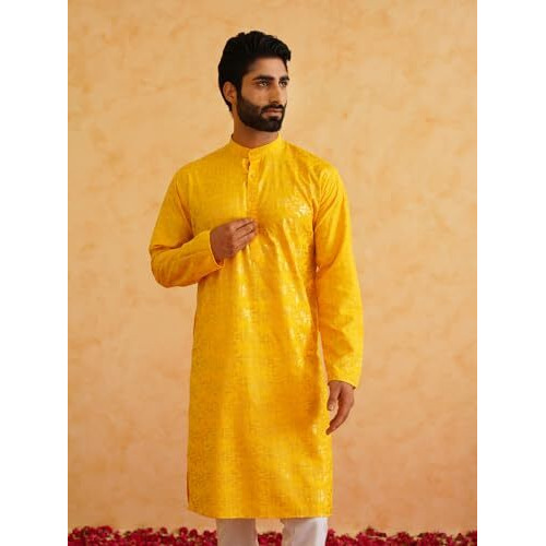 Sojanya (Since 1958 Men's Cotton Gold Foil Printed Mustard Long Kurta