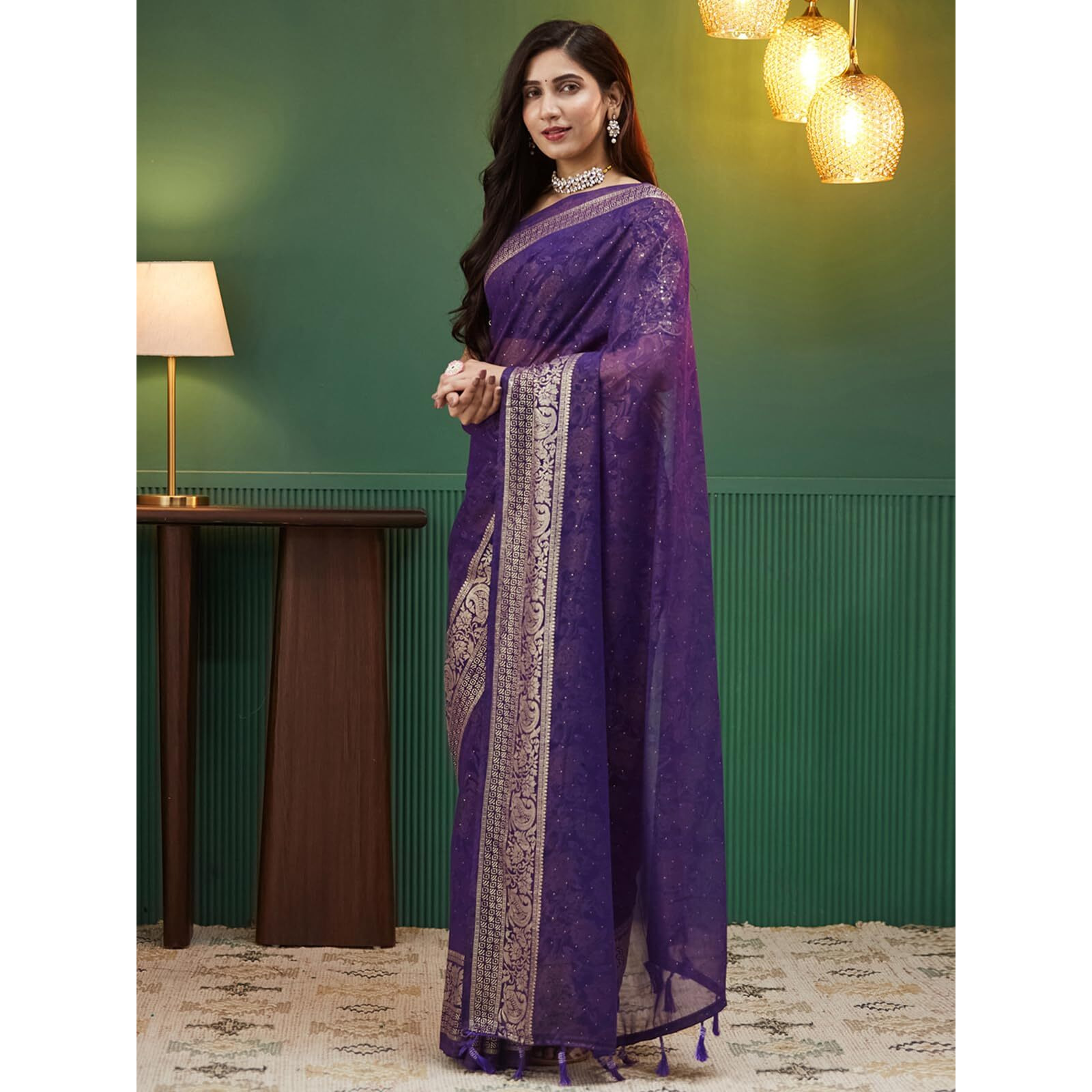 Satrani Women's Georgette Foil Print Due Drop Saree With Unstitched Blouse Piece (4209S371N_Purple)