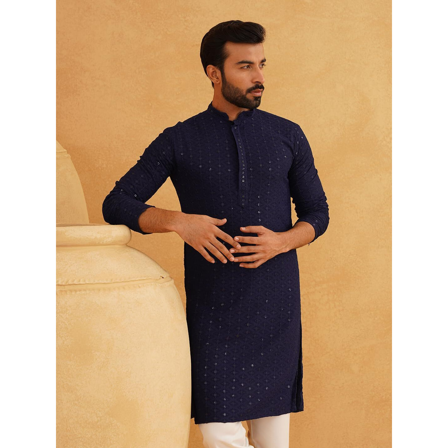 Sojanya (Since 1958 Men's Ethnic Motifs Embroidered Sequinned Navy Blue Cotton Long Kurta