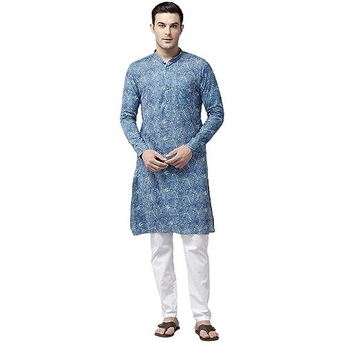 See Designs Men Mandarin Collar Blue Pure Cotton Printed Staright Full Sleeve Kurta With Pajama - Sd2Mkt_123201L