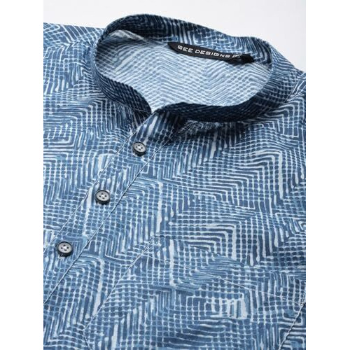 See Designs Men Mandarin Collar Blue Pure Cotton Printed Staright Full Sleeve Kurta With Pajama - Sd2Mkt_123201L